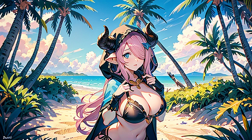 Vibrant, high-definition anime-style illustration set on a tropical beach. The layout features a central female character, Narmaya, with long pink hair, partially covered by a hooded cloak adorned with brown horns. She has fair skin, large expressive blue eyes and pink pupils, and a small blue butterfly hair clip. One eye is covered by her hair. The character is wearing a revealing black bikini with gold accents, and her hands are holding the edges of her cloak. The background showcases a pristine beach with white sand, lush green foliage, and tall palm trees. The clear blue sky and turquoise ocean complete the idyllic setting, with distant islands visible on the horizon. Narmaya and her attire are meticulously detailed. The intense effort put into shading brings this image to a realistic style. Gorgeous vibrant colors draw the eye. Narmaya's suggestive stance brings the viewers focus to her large and perfectly shaped breasts. The image is both magical and erotic. 

(masterpiece), best quality, expressive eyes, perfect face, suggestive pose, purple and pink background, seductive, fantasy, 8k, absurdres, narmaya, pink hair, blue eye with pink pupil, hair over eye, draph, horns, butterfly hair clip, black bikini, hood, defined hands, perfect hands, perfect fingers,