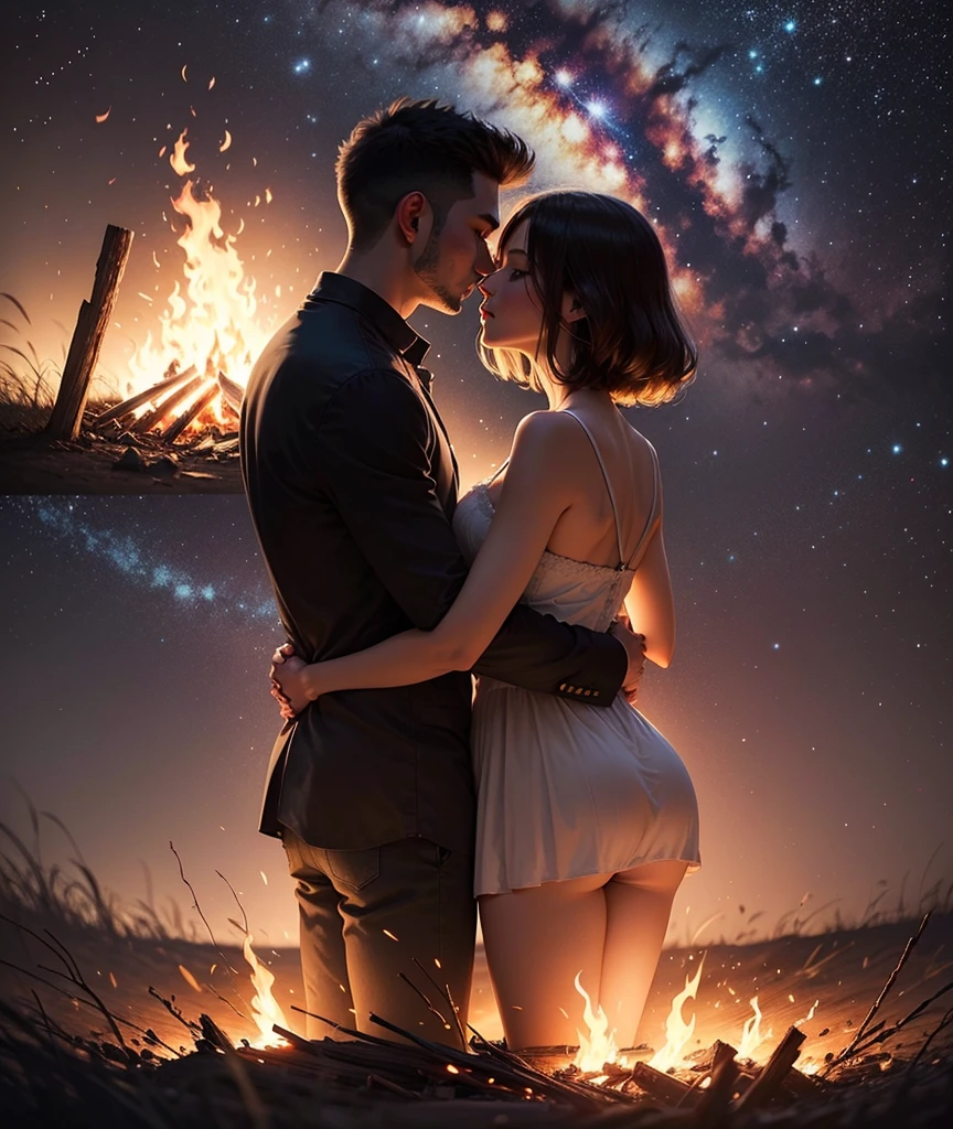 bonfire,Back view of couple in love, double exposure,Starry Sky,