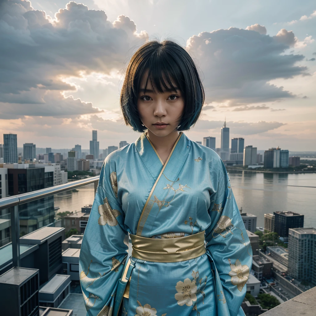 Overall the atmosphere is light blue. A young Asian woman with a bob haircut wearing a traditional Japanese kimono, standing on top of a modern skyscraper. The kimono is ornate with floral patterns in shades of orange, green, and gold. She has a striped hakama skirt in muted gold. The background shows a cityscape with tall buildings and a cloudy sky. The entire image has a blue tint overlay, giving it a cool, ethereal atmosphere. Photorealistic style with dramatic lighting. The young girl is floating in the air.