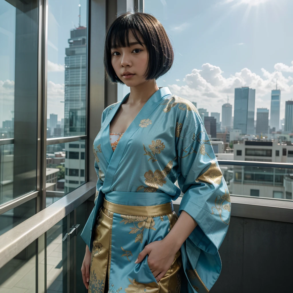 Overall the atmosphere is light blue. A young Asian woman with a bob haircut wearing a traditional Japanese kimono, standing on top of a modern skyscraper. The kimono is ornate with floral patterns in shades of orange, green, and gold. She has a striped hakama skirt in muted gold. The background shows a cityscape with tall buildings and a cloudy sky. The entire image has a blue tint overlay, giving it a cool, ethereal atmosphere. Photorealistic style with dramatic lighting. The young girl is floating in the air.
