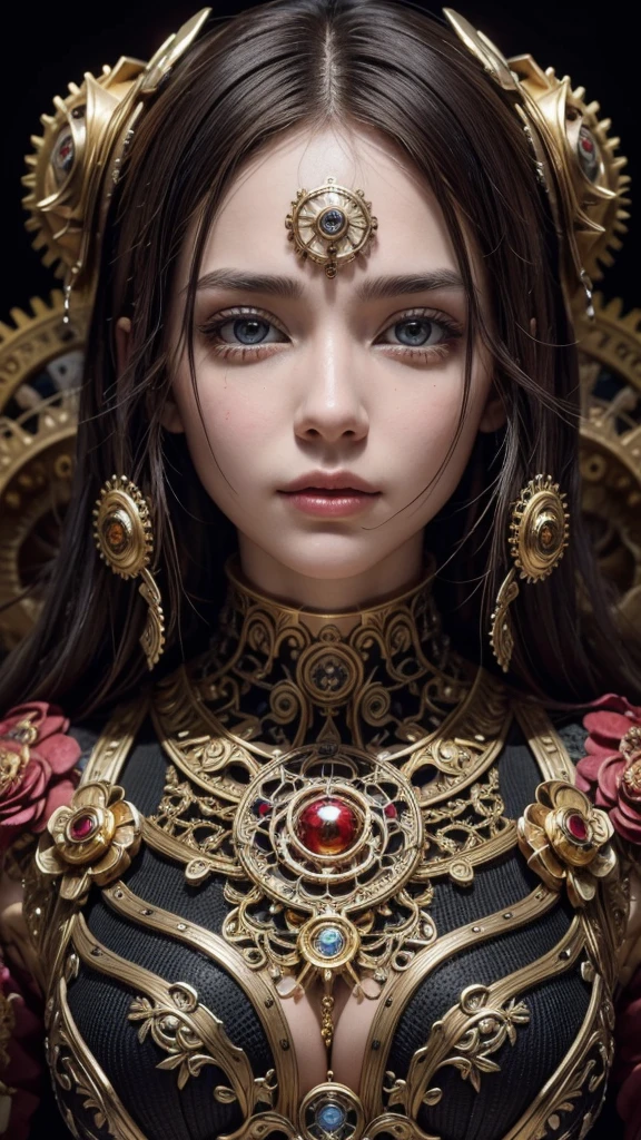 A captivating and detailed artwork of a woman's face, where the eyes are prominently displayed, gazing upwards in a mesmerizing expression. The intricate design of her face is adorned with mechanical and technological elements such as gears, circuits, and elaborate patterns. The artwork is enlivened with vibrant splashes of red, gold, and other colors, creating a dynamic and visually striking piece. The fusion of humanity and technology in this composition evokes a sense of intrigue and wonder, challenging the viewer to ponder the interplay between the organic and the mechanical.