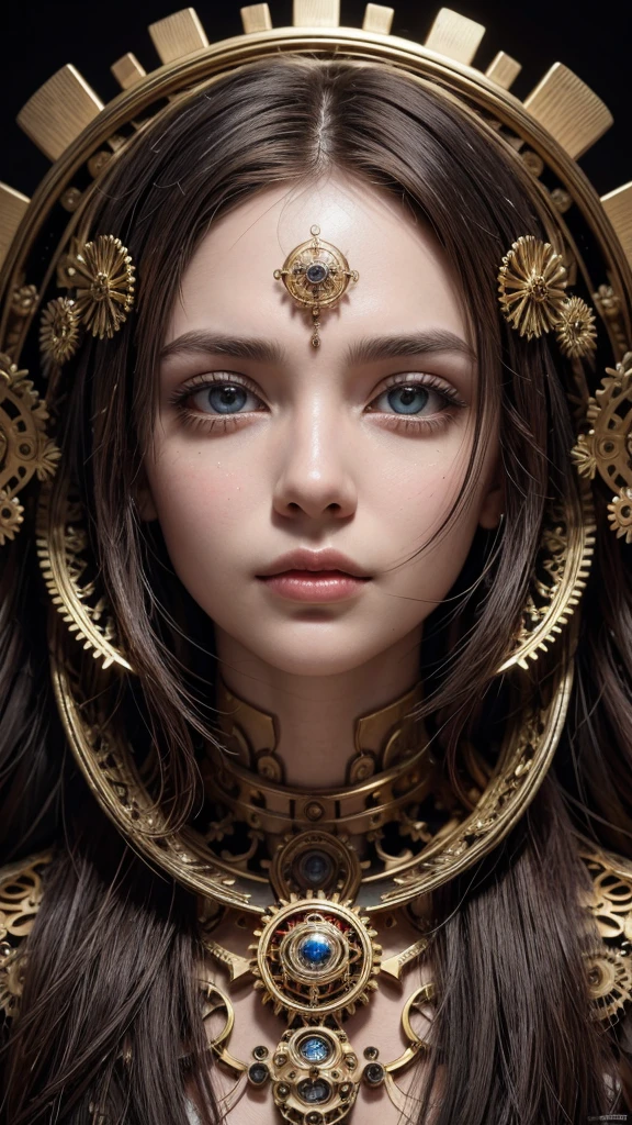 A captivating and detailed artwork of a woman's face, where the eyes are prominently displayed, gazing upwards in a mesmerizing expression. The intricate design of her face is adorned with mechanical and technological elements such as gears, circuits, and elaborate patterns. The artwork is enlivened with vibrant splashes of red, gold, and other colors, creating a dynamic and visually striking piece. The fusion of humanity and technology in this composition evokes a sense of intrigue and wonder, challenging the viewer to ponder the interplay between the organic and the mechanical.