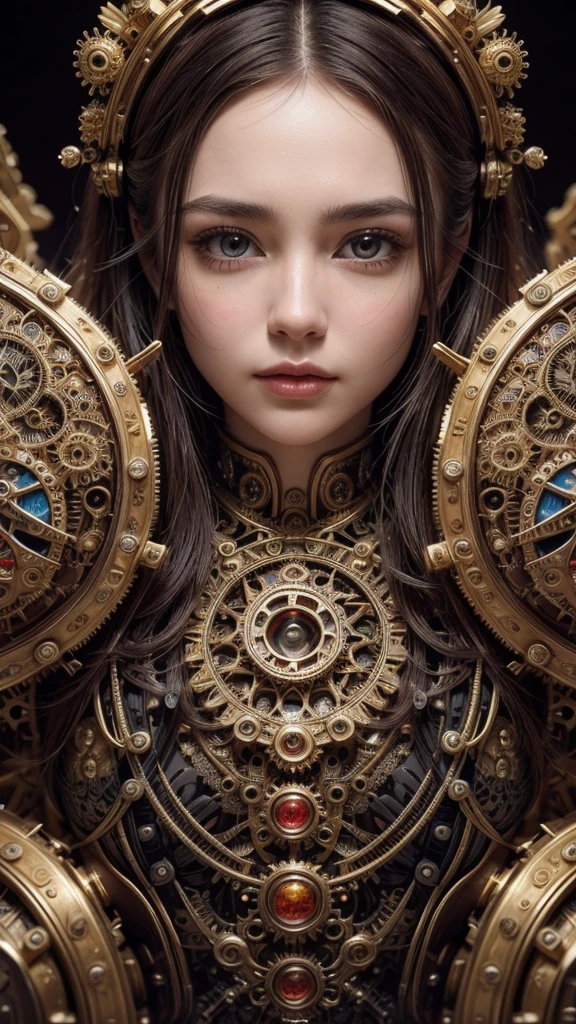 A captivating and detailed artwork of a woman's face, where the eyes are prominently displayed, gazing upwards in a mesmerizing expression. The intricate design of her face is adorned with mechanical and technological elements such as gears, circuits, and elaborate patterns. The artwork is enlivened with vibrant splashes of red, gold, and other colors, creating a dynamic and visually striking piece. The fusion of humanity and technology in this composition evokes a sense of intrigue and wonder, challenging the viewer to ponder the interplay between the organic and the mechanical.