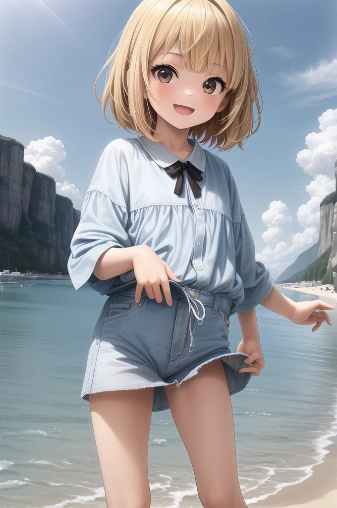 2人のGirl,10 years old,Girl,,Flat Chest,Full nudity,From the back,Highest quality、High resolution、Detailed Background、Beautiful face in every detail、Teenage Beauty、Blonde、Bobcut、Big smile、boost mood、 Summer sun、Shining Sea,Hands behind back