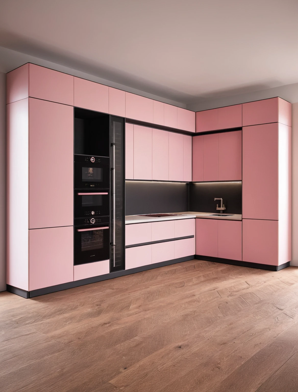 Raw photo,Masterpiece, high quality, best quality, authentic, super detail, interior , sunset, daylight, Kitchen Cabinets style modern, Induction cooker, sink, faucet, oven, built-in microwave, wooden floor, hood, wine cabinet, ((black and pink tones))