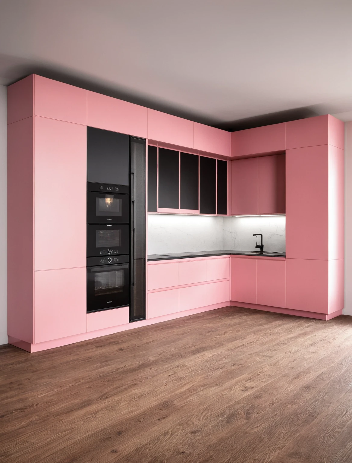 Raw photo,Masterpiece, high quality, best quality, authentic, super detail, interior , sunset, daylight, Kitchen Cabinets style modern, Induction cooker, sink, faucet, oven, built-in microwave, wooden floor, hood, wine cabinet, ((black and pink tones))