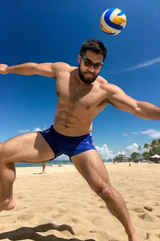 １male, alone, (yossan), (Beach Volleyball), Ultra-high resolution,beard, Glasses, ((Are fat)), Blue sky, sun, White sand beach, blue sea, Palm tree, The moment a player jumps to spike the ball, The moment he dives to receive the ball, Sand flies, sunの光が反射する, Energetic, Dynamic Movement, Action Shots