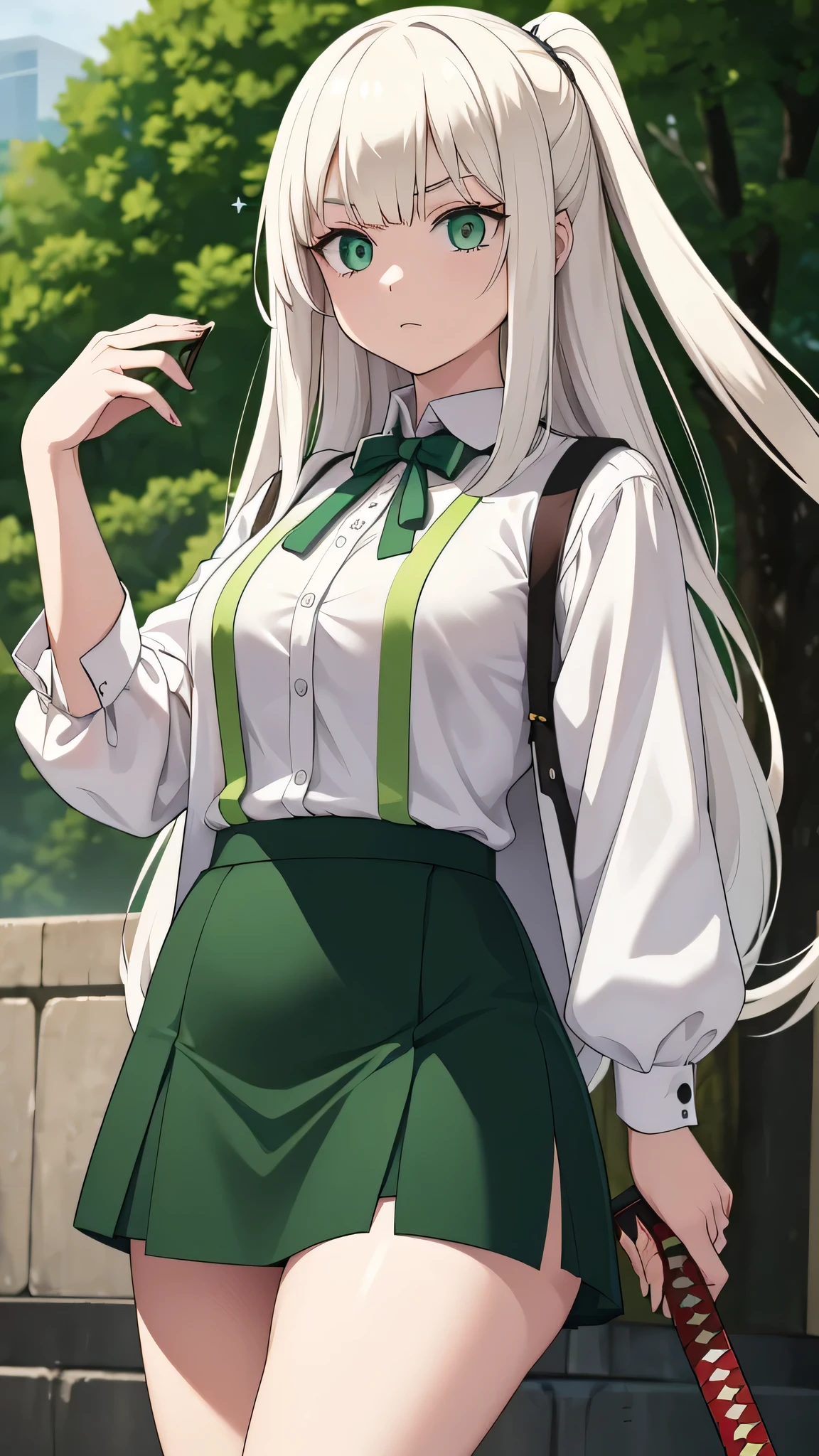 a  girl with long white albino hair, her glitter green eye, wearing a white button-down blouse, underneath a short green button-down vest, a dark green maxi skirt with a black heel, carrying a transparent katana. 