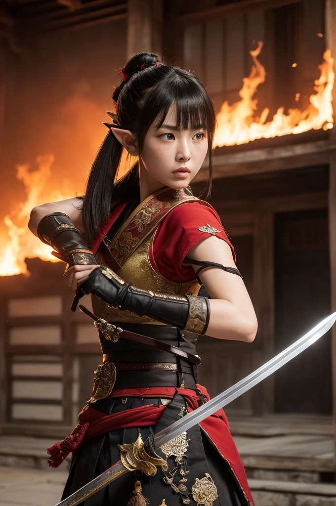 High quality, 8K Ultra HD, (ink and painting), Japan's Sengoku period. The mansion is on fire. A female elf samurai. ((The hairstyle is a short cut hairstyle)). ((In her right hand is a lock of hair)). ((In her left hand she holds a sword)). She looks angry.