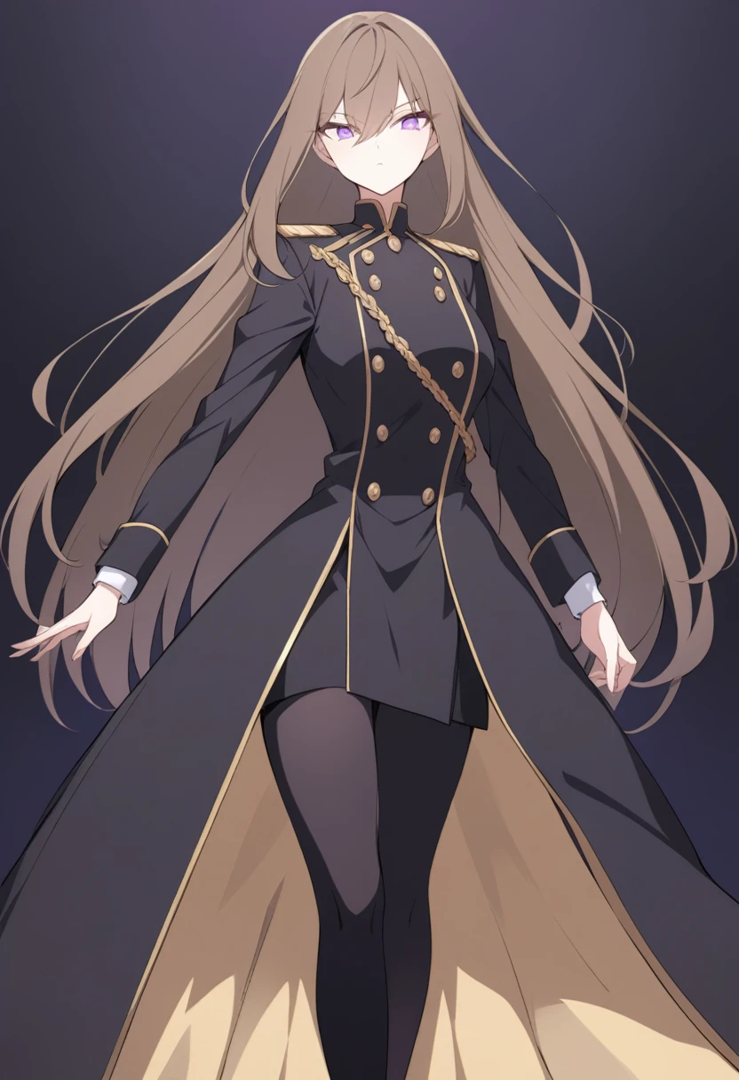 Illustrate a full-body anime girl with long, flowing brown hair, wearing a military uniform under a long black overcoat with gold buttons, styled in a way that accentuates her confident and commanding presence. The character should have sharp, violet determined eyes and a poised expression.