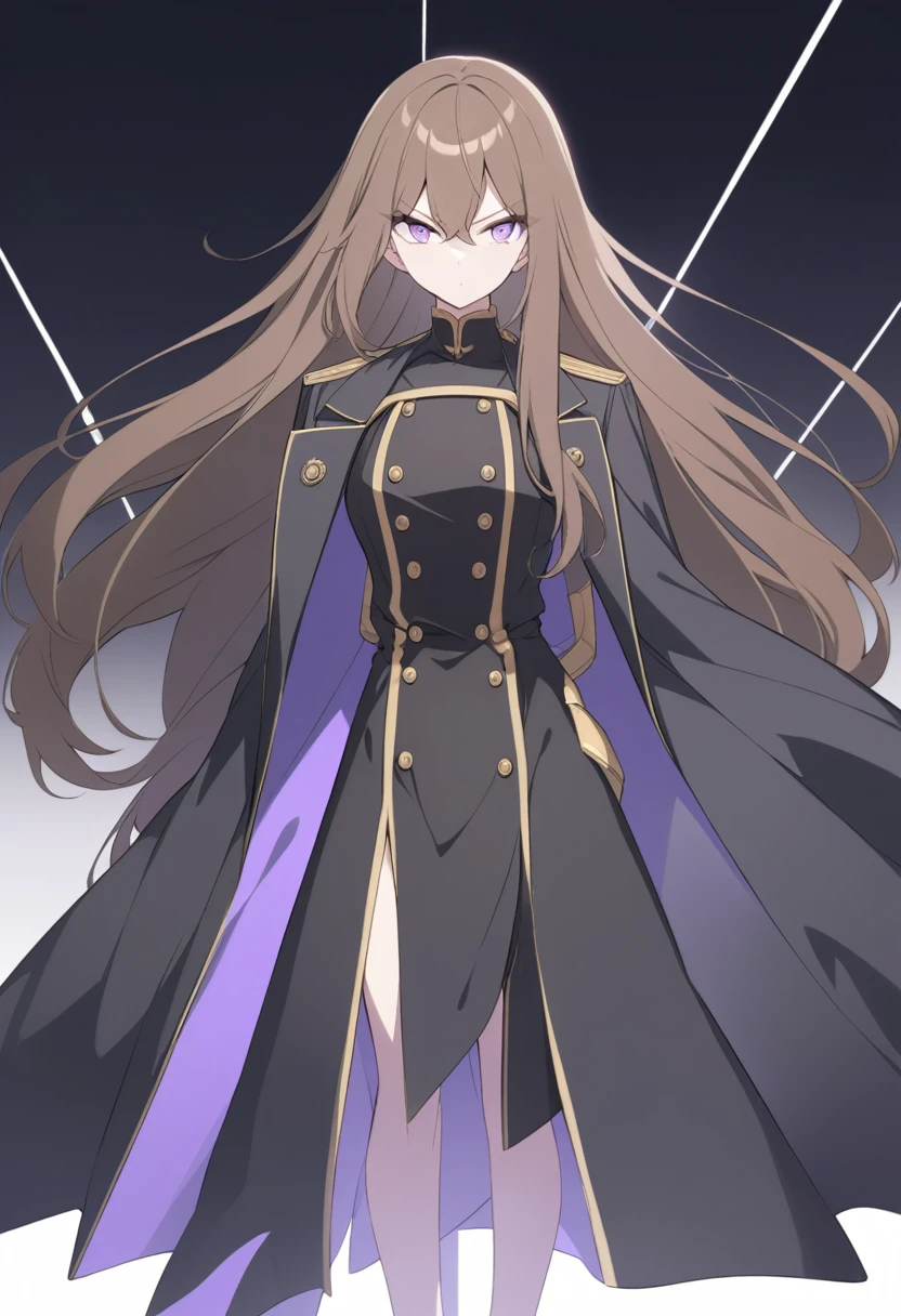Illustrate a full-body anime girl with long, flowing brown hair,  wearing a military uniform under a long black overcoat with gold buttons, styled in a way that accentuates her confident and commanding presence. The character should have sharp,  violet determined eyes and a poised expression.