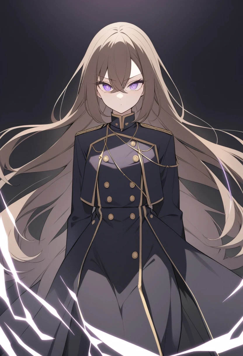 Illustrate a full-body anime girl with long, flowing brown hair, wearing a military uniform under a long black overcoat with gold buttons, styled in a way that accentuates her confident and commanding presence. The character should have sharp, violet determined eyes and a poised expression.