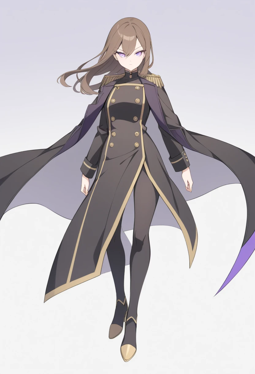 Illustrate a full-body anime girl with long, flowing brown hair, wearing a military uniform under a long black overcoat with gold buttons, styled in a way that accentuates her confident and commanding presence. The character should have sharp, violet determined eyes and a poised expression.
