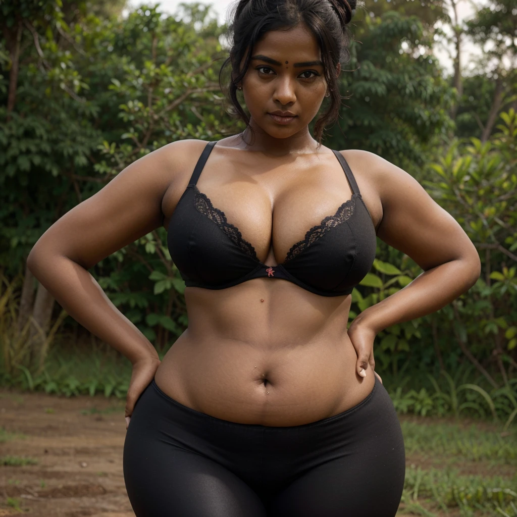 DARK SKIN, South Indian WOMAN, TALL, NAVEL, CLEAVAGE, BUSTY, FAT, VOLUPTUOUS, CHUBBY, PLUMP BELLY, LOVE HANDLES, BLACK BRA, BLACK LEGGINGS, REALISTIC, PHOTOGRAPHY, LOOKING DOWN, LOW BUN HAIR, FIELDS BACKGROUND,