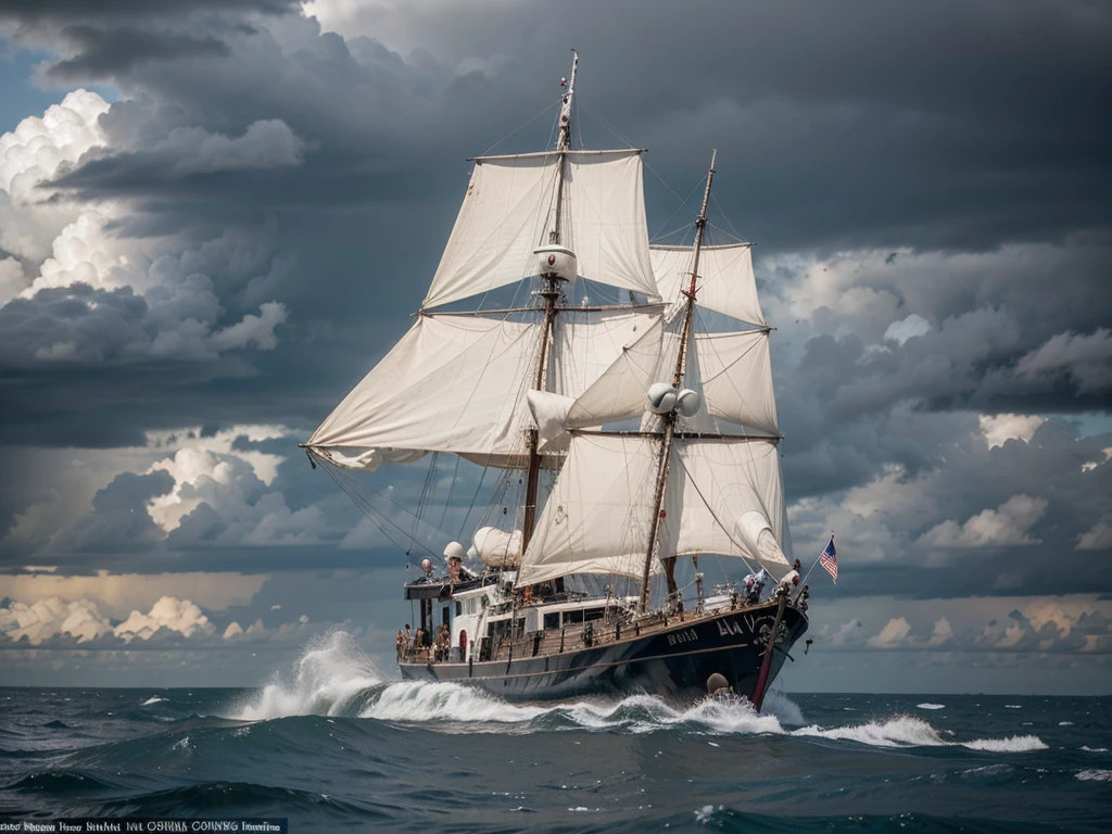 a 1500 caravel sailing across the ocean in the middle of a day of intense rain, a storm with many black clouds in the sky and very rough seas