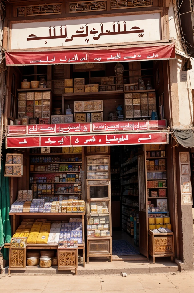 Abdullah's Shop: Illustrate Abdullah's shop in the bustling town of Mecca. Show it filled with various goods and products, with a sign outside that reads "Abdullah's Honest Merchant Shop".