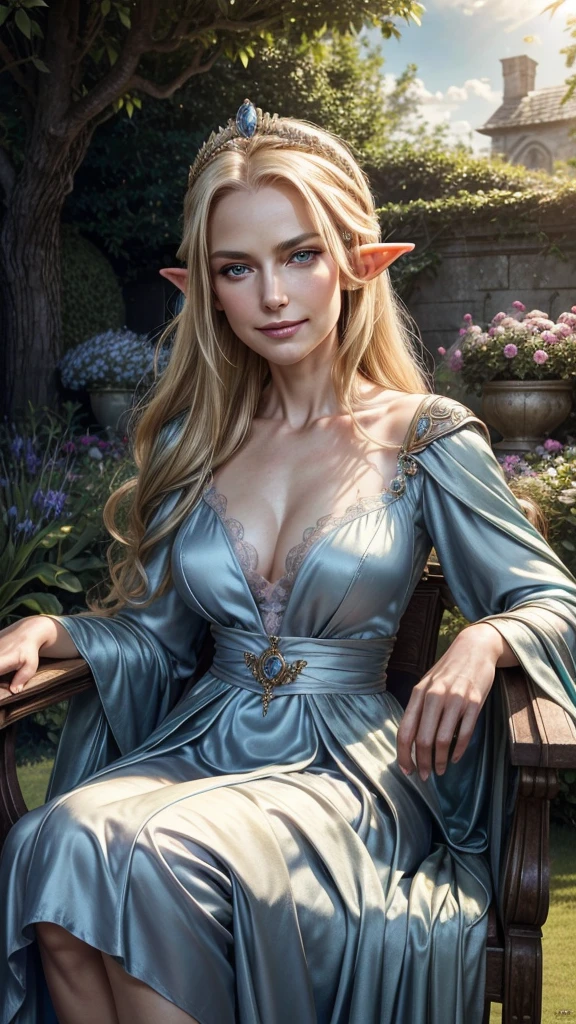 RAW shooting, Photoreal, highest quality, masterpiece, beautiful older woman, elegant elf queen, mature face, blonde, blue eyes, evil smile, smug, wearing a beautiful silky royal dress, sitting outside in a garden with natural light