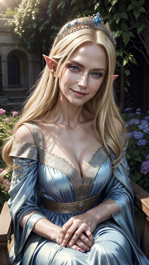RAW shooting, Photoreal, highest quality, masterpiece, beautiful older woman, elegant elf queen, mature face, blonde, blue eyes, evil smile, smug, wearing a beautiful silky royal dress, sitting outside in a garden with natural light