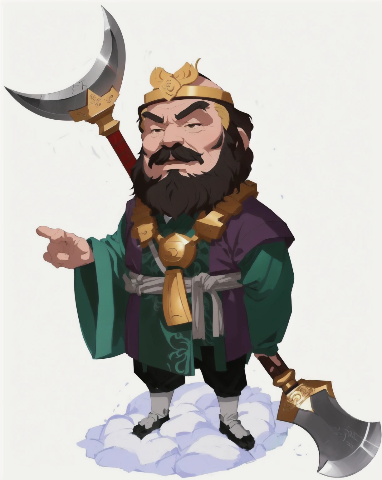 Cartoon image of bearded man holding big axe, Inspired by Hu Zaobin, guan yu, Inspired by Wu Bin, inspired by Huang Ding, Inspired by Shen Zhou, Inspired by Huang Shen, inspired by Cao Zhibai, Q version, Inspired by Lee Jae Wan, Inspired by Zhang Chengye, bian lian,Journey to the West: Monk Sha,