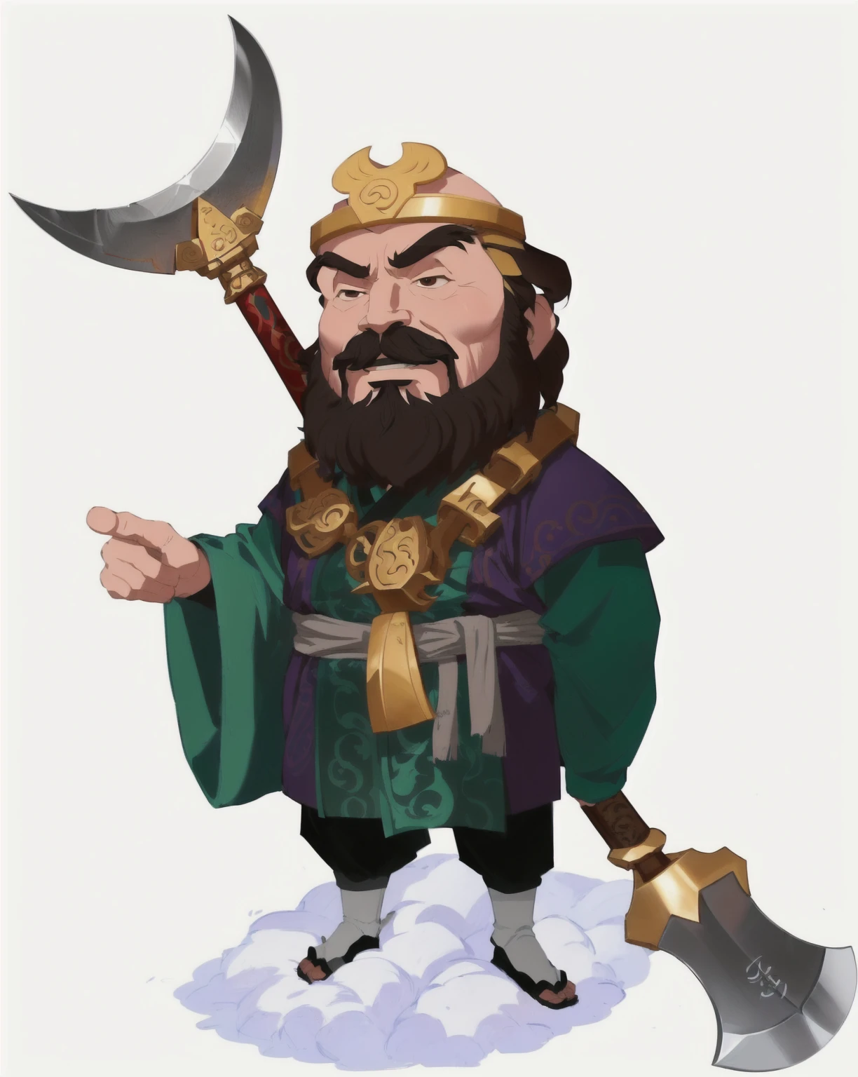 Cartoon image of bearded man holding big axe, Inspired by Hu Zaobin, guan yu, Inspired by Wu Bin, inspired by Huang Ding, Inspired by Shen Zhou, Inspired by Huang Shen, inspired by Cao Zhibai, Q version, Inspired by Lee Jae Wan, Inspired by Zhang Chengye, bian lian,Journey to the West: Monk Sha,