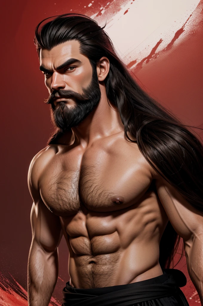 samurai jack animation man with realistic beard and long hair red black mix background muscle medium full size image 4k looking front half body image
