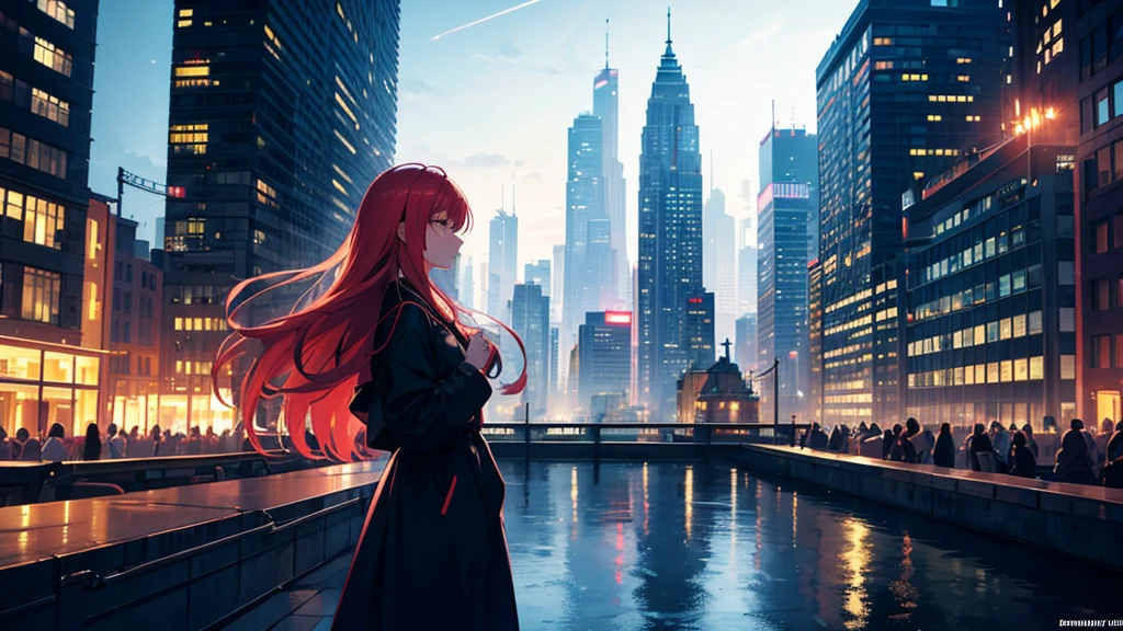 Create a detailed illustration of a vast urban landscape with numerous buildings, focusing on a nighttime city. In the distance, on the rooftop of one of the buildings, there should be a girl with very long red hair playing the piano. The cityscape features a mix of architectural styles, with tall skyscrapers and smaller buildings creating a dynamic skyline. The atmosphere is serene and slightly melancholic, with the city illuminated by soft lights from the buildings' windows and streetlights. The girl on a rooftop in the distance should be clearly visible, playing a grand piano under the glow of the city lights. A few birds can be seen flying in the sky. There are small parks and green spaces interspersed among the buildings, providing a touch of nature within the urban environment. The sky is filled with stars, adding to the tranquil atmosphere of the scene. The image should convey a moment of peace in the midst of a chaotic and difficult day, ray tracing, work of art, best qualityer, ultra quality, absurd details, best Lumiere, best shade, Spitz, Spitz image, detailded, extremely detailded, great resolution, 8K, 4K, ultra HD, particle effects, beautiful effects, bright coloured, neon Lumiere, neon, Lumiere.