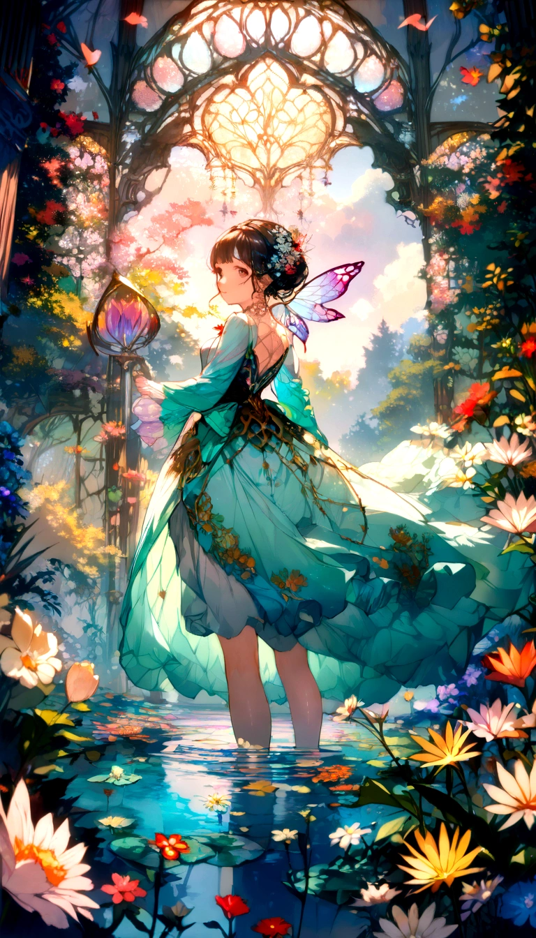 Everything is expressed in jewellery, The arrival of spring, Misty Pond,Cute fairy, excellent scenery, transparency, The angle of looking from the bottom up, Various jewels falling from the sky, Wonderful and beautiful view, Slightly hazy, excellent, high resolution, 8K, (best quality, high resolution, Practical:1.37), Shiny metallic flowers, Intricate and delicate petals, Reflective surface, Vibrant colors, Intricate details, Close-up view, Surreal Garden, Surreal beauty, Dreamy atmosphere, art, Abstract botany, Metal Sculpture, Contrasting Textures, Ethereal Light