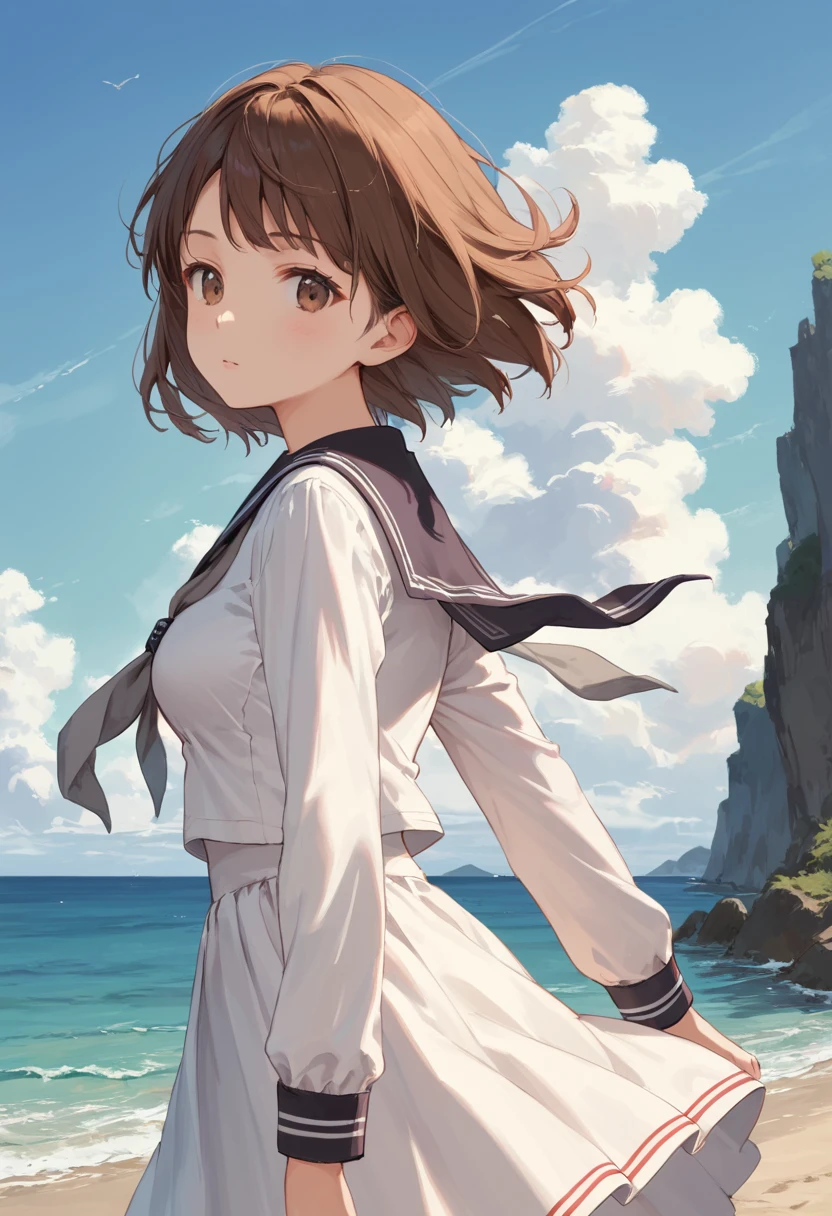 score_9,score_8_up,score_7_up,source_anime,cowboy shot,masterpiece,best quality,details background,extremely detailed,1girl,1girl,yukikaze (kancolle), brown hair, brown eyes,small breasts,short hair, sailor dress,dress,sailor collar,long sleeves,neckerchief,grey neckerchief,white dress,black sailor collar,day break,look back,sea,((clothes one piece))