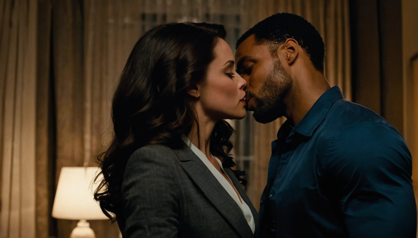 DC Comics' Lois Lane and a handsome African American male whose facial features are a combo of Michael Ealy + Isaiah Mustafa + Trevante Rhodes share a steamy kiss inside a Metropolis bedroom lit only by candlelight. Lois has lovely makeup on her face. Nighttime. Romantic ambiance. Symmetrical eyes. Symmetrical faces. Lovely details. Photorealistic. Full-colored photo. Professional photo. Highly detailed 8K.