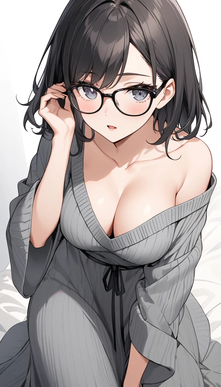 short、Black-rimmed glasses、Loose-fitting grey knit maxi dress、Cleavage