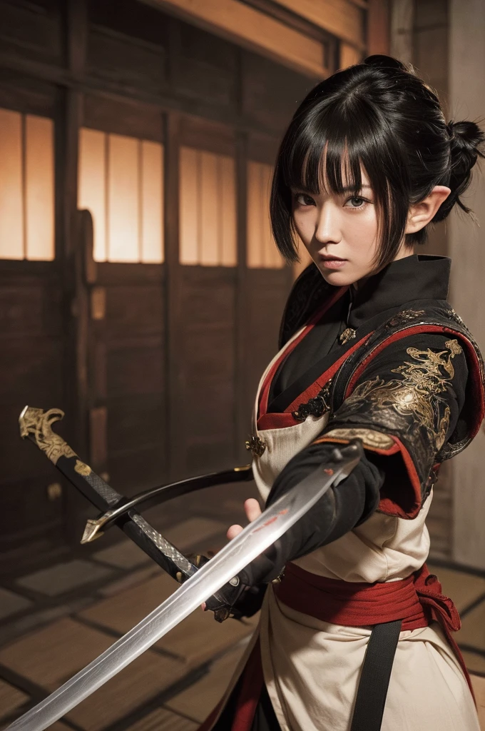 High quality, 8K Ultra HD, (ink and painting), Japan's Sengoku period. The mansion is on fire. A female elf samurai. ((The hairstyle is a short cut hairstyle)). ((In her right hand is a lock of hair)). ((In her left hand she holds a sword)). She looks angry.
