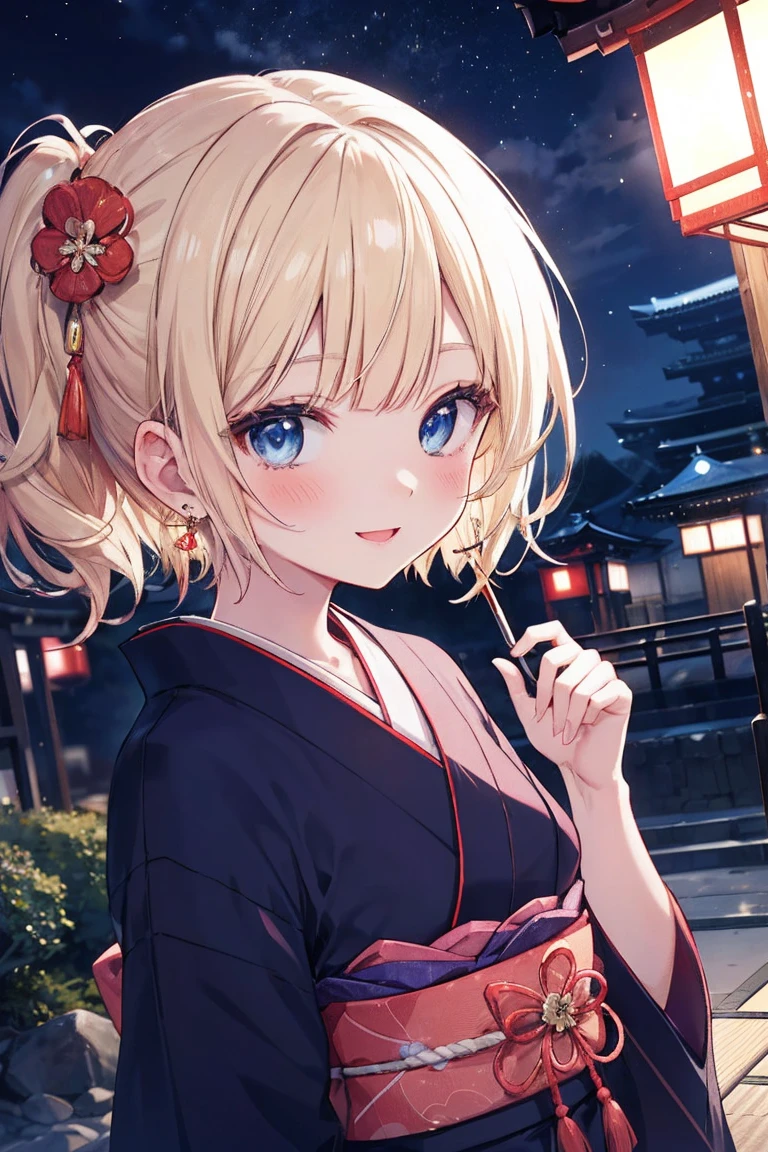 Absurd, Ultra-detailed,Bright colors, Very beautiful and detailed anime faces and eyes, View from the front, ;d, Shiny_skin,Age 25, short hair, , Asymmetrical bangs, Blonde hair in short pigtails, Shiny髪, delicate beautiful face, blush、blue eyes, White skin, Barrette, (Recall:1.3)、(Smile:1.3)、Shiny髪、Small earrings、Small Necklace、Brightly colored kimonos、(Kyoto at Night:1.4)