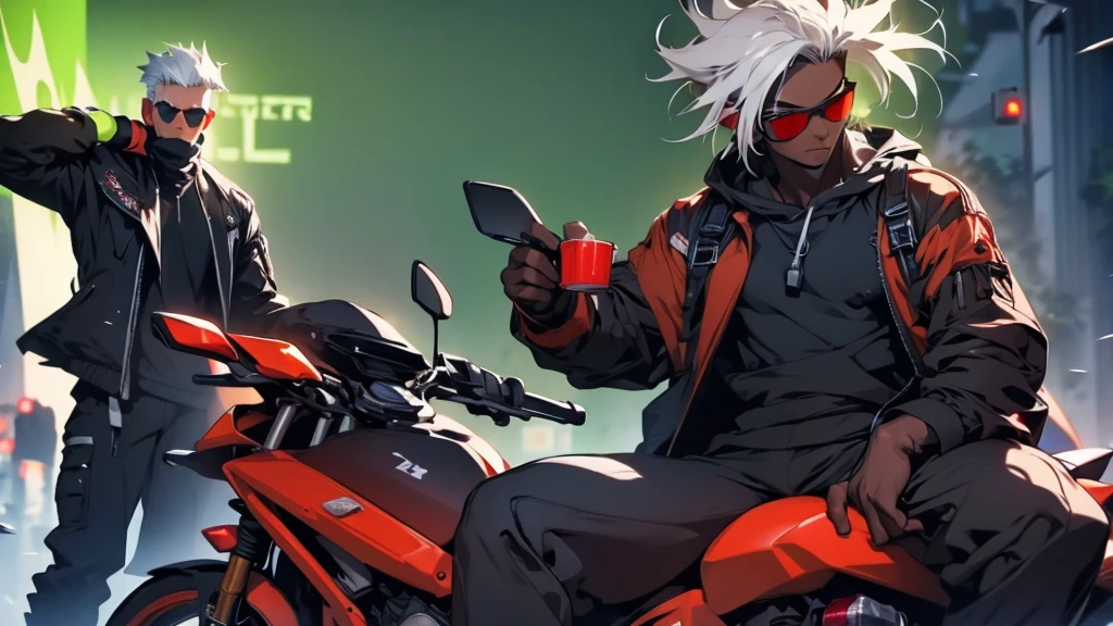 Strong dark-skinned man snow-white hair red eyes serious wearing glasses standing near a green 1300cc ninja motorcycle with black motorcycle courier coat motorcycle courier gloves