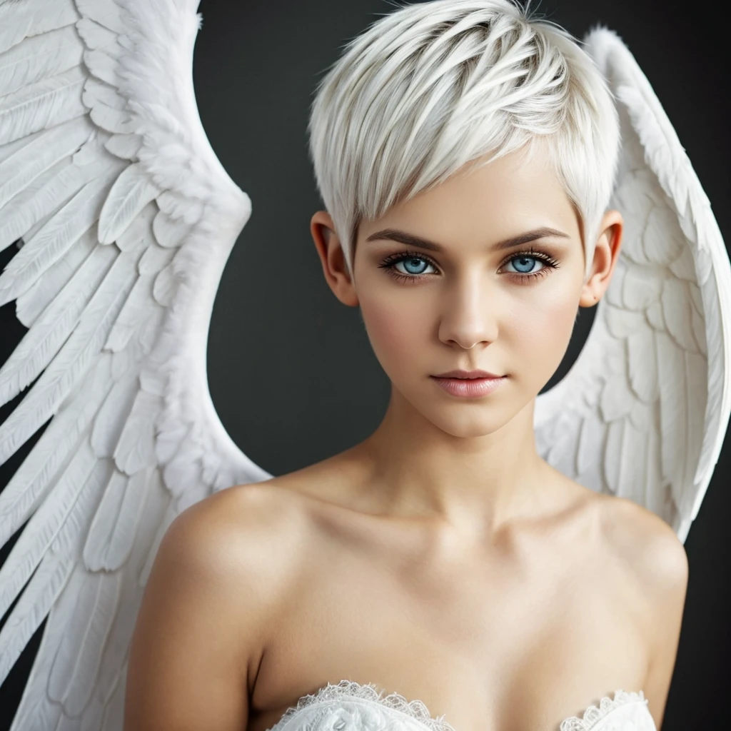 Woman, yellow eyes, angel wings for ears, white skin, white hair, pixie cut