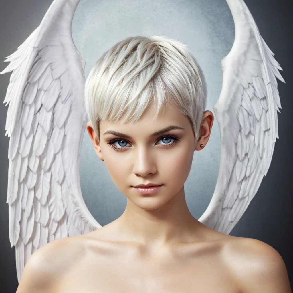 Woman, yellow eyes, angel wings for ears, white skin, white hair, pixie cut