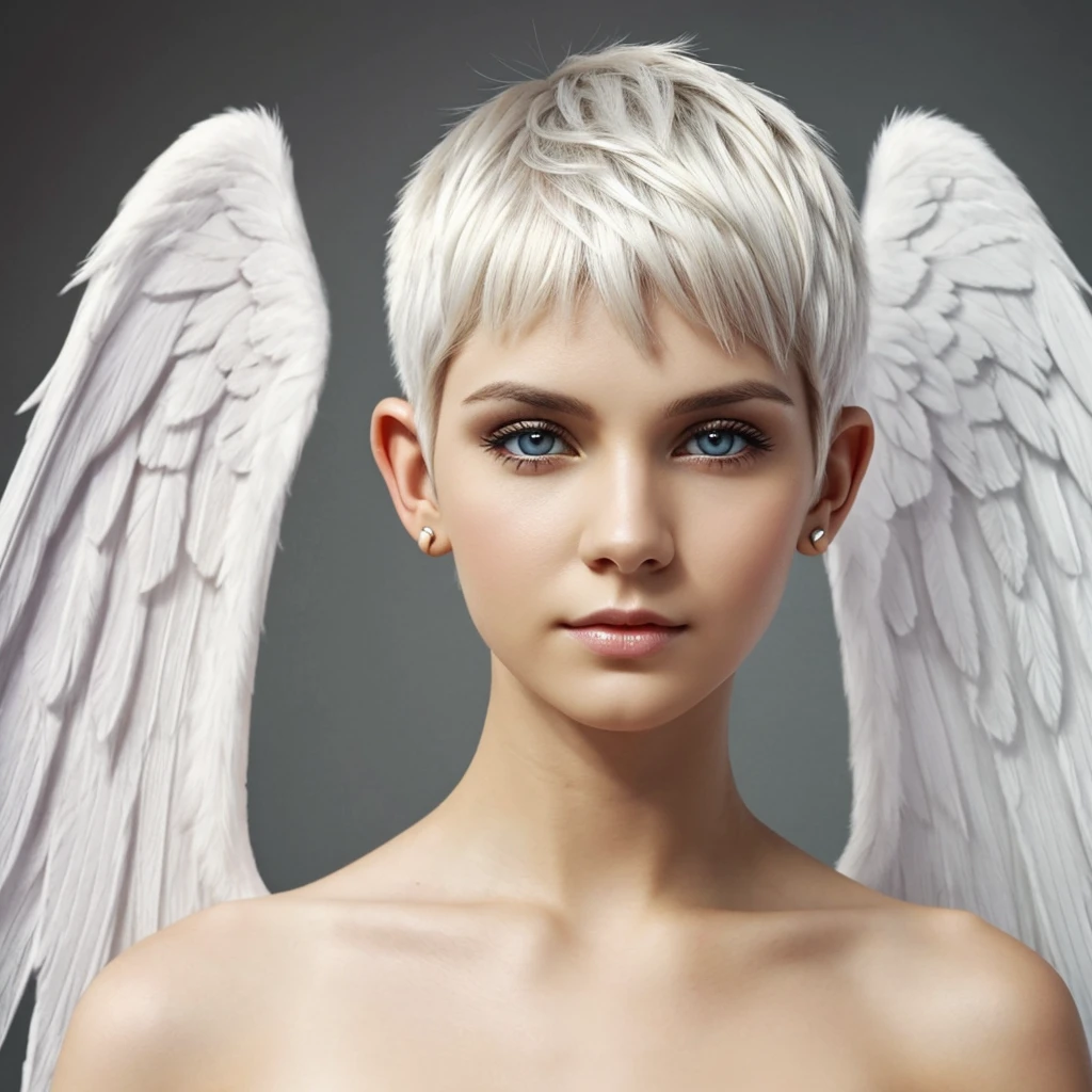 Woman, yellow eyes, angel wings for ears, white skin, white hair, pixie cut