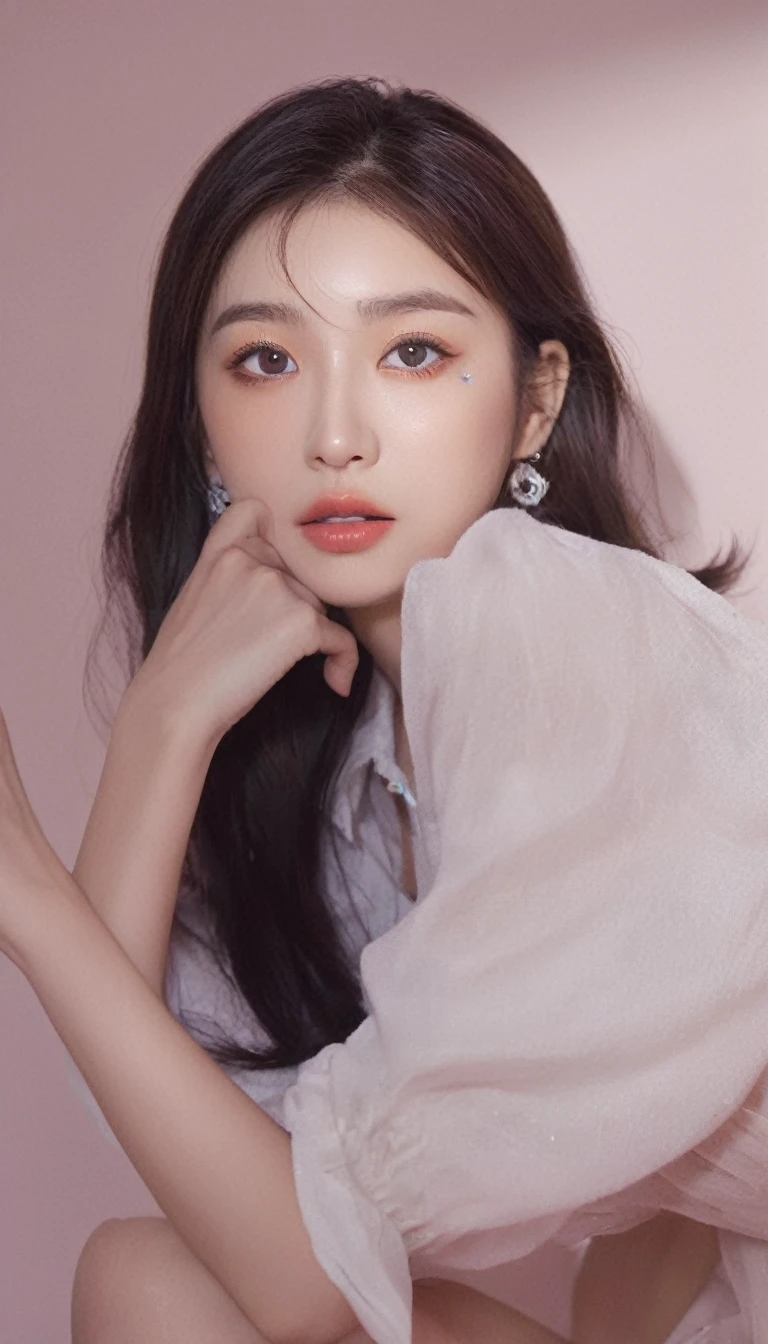 Ultra-wide angle shooting, Front view, One girl holding shopping bags and pointing finger up, woman, (Photorealistic)、(Intricate details:1.2)、(masterpiece、:1.3)、Large Breasts,Facial beauty, (Highest quality:1.4)、(Ultra-high resolution:1.2)、Ultra-high resolution、(Detailed eyes)、(Detailed faceの特徴), ((Realistic lighting、Highest quality、8K、Natural light, masterpiece:1.3))、Bright photo, Clear focus:1.2、One Girl、Perfect beauty:1.4、Super Fine Face、Big narrow eyes、double eyelid、Photo Real, Perfect Eyes, Perfect Skin, Detailed skin, Detailed face, The audience watching, Front view, Portraiture, RAW Photos, Simple soft pink background, (intricate Detailed skin textured:1.4) Front view, The audience watching, Clear Face, 1 Girl、Polate、Bright and very beautiful face、beautiful girl, A stunning close-up portrait showing off the beauty of the Korean model. The composition is soft, Natural lighting , Bright Eyes, Impressive cheekbones. Her Shiny, The background is a simple white background, Wear a sweet shirt, Neat hair, Long Hair, Instagram Model, Profile photo, Bright and natural