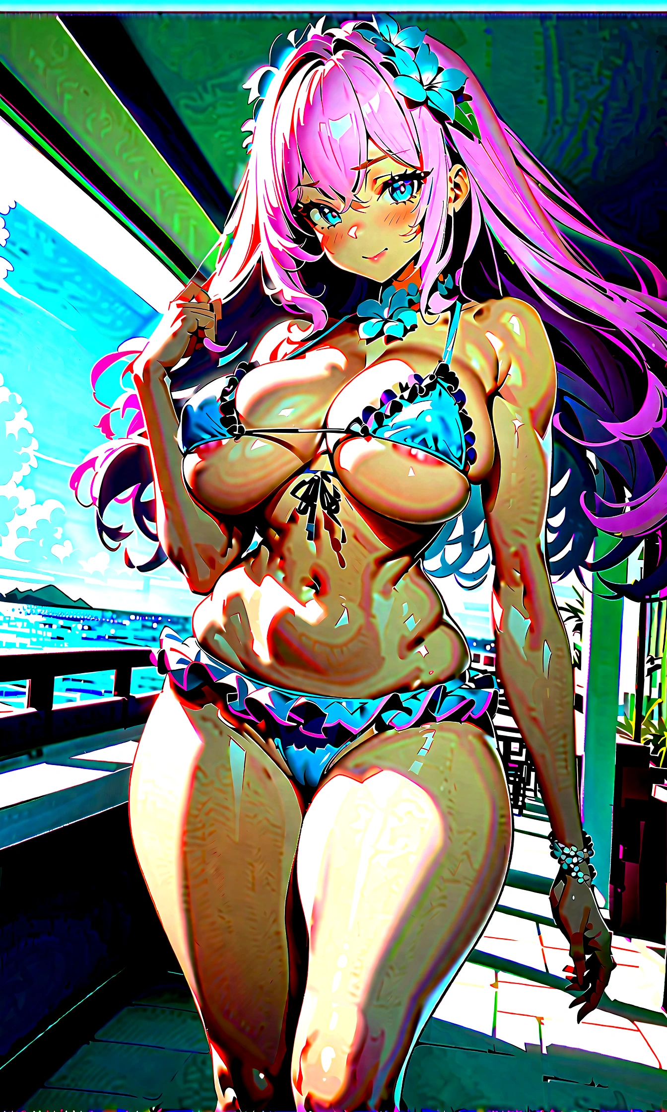 Brazilian beach babe, busty bimbo, ((beautiful)), tan, gorgeous, cute, confident, luscious hair, slutty, ((perfect)), hot, curvy, mature, feminine, creative colorful cute frilly flower bikini, thigh band, flower choker, huge pink flower sunglasses, cute flower purse, blushing cheeks, sexy shoulders, voluptuous round shapely , slight underboob, voluptuous strong shapely glutes, ass cheeks, strong thighs, sexy hips, sexy navel, sexy lighting, beach resort background, ethereal, smooth clean lines, ultra textured, ultra detailed, highest resolution, maximum quality, perfect, max detail, vivid colors, max texture, energetic composition, dramatic lighting, crystal clear, depth perspective, high contrast, seamlessly blended, photorealistic rendering, chromatic aberration, subpixel precision, bokeh effect depth art, anamorphic perspective, hdr high dynamic range, spectral color graded, photometric lighting, lush visceral textures, motion lines