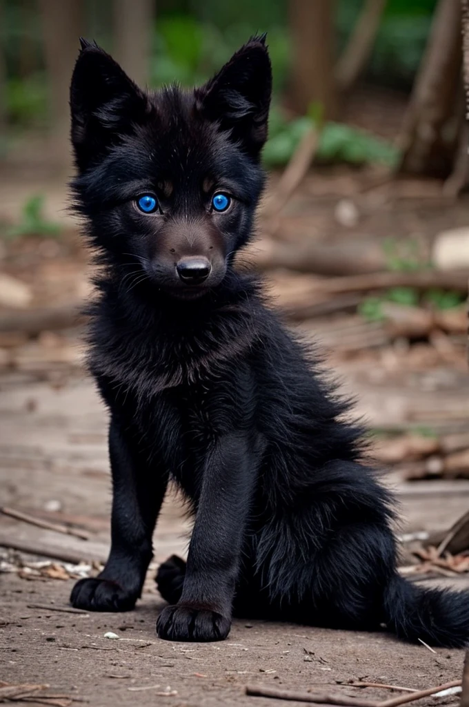 A baby black wolf pup with one spikes down it’s back and is glitching and has one blue eye and one red eye