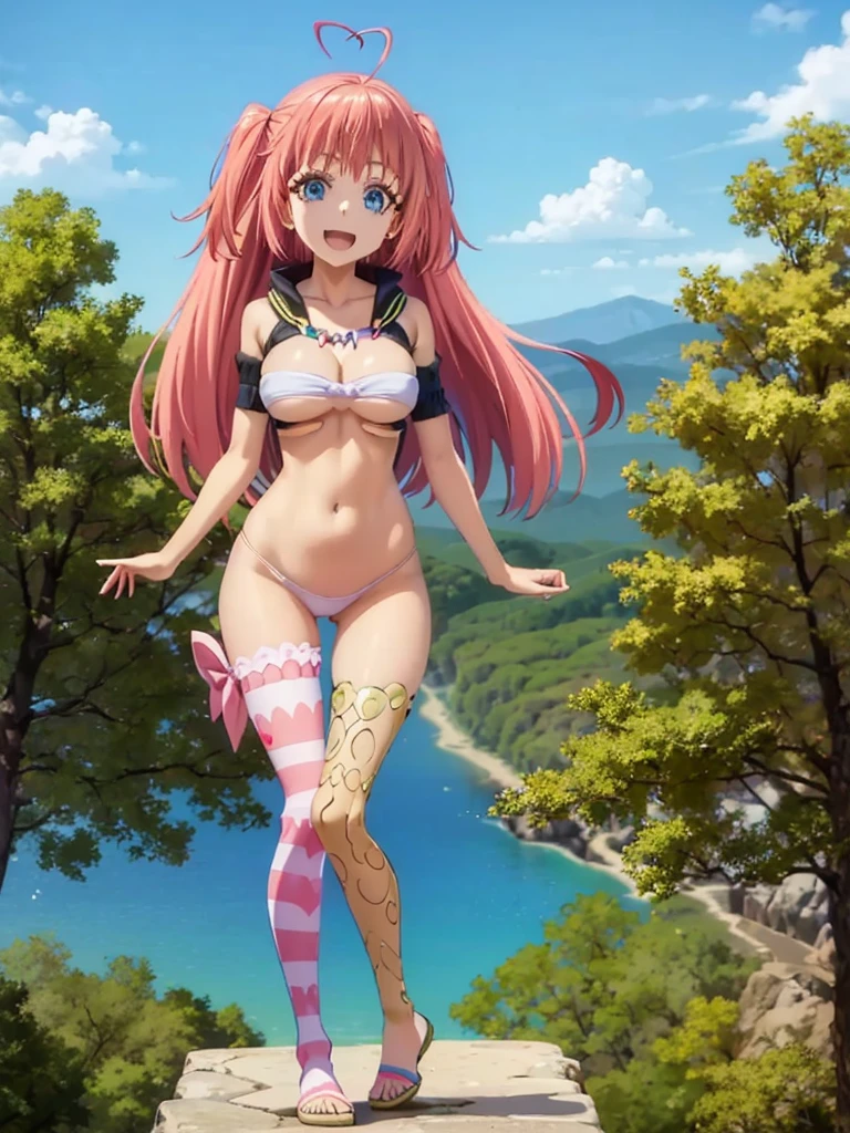 1girl, solo, beautiful girl, brunette skin, blue eyes, big eyes, detailed eyes, long eyelashes, pink hair, long hair, sidelocks, twintails, head tilt, fang, medium breasts, white bikini, string bikini, asymmetrical legwear, pink legwear, pink thighhigh, no pants, smile, looking at viewer, narrow waist, perfect hands, perfect anatomy, cleavage, midriff, navel, bare shoulders, bare arms, outdoors, flying, floating, blue sky, clouds, ultra detailed eyes, anime style, knees together, legs up, smile, open mouth, underboobs, simple background, pink background, hearts, ice cream, holding ice cream,