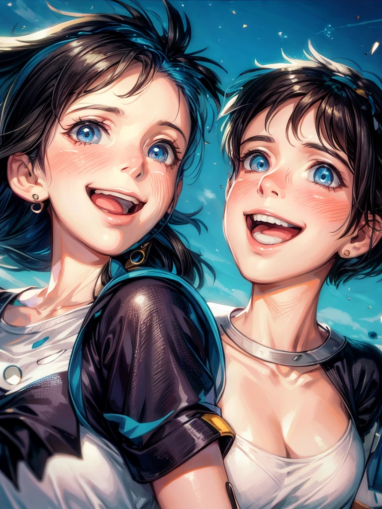 Masterpiece, high-definition, detailed depiction, beautiful, delicate art, of a woman smiling, looking up at the blue sky, side shot, with short hair, wearing a white T-shirt and denim shorts,{{full body shot}},ground-level shot,beautiful blue sky, vivid watercolor, soft lines, beautiful colors, in 4K graphics.