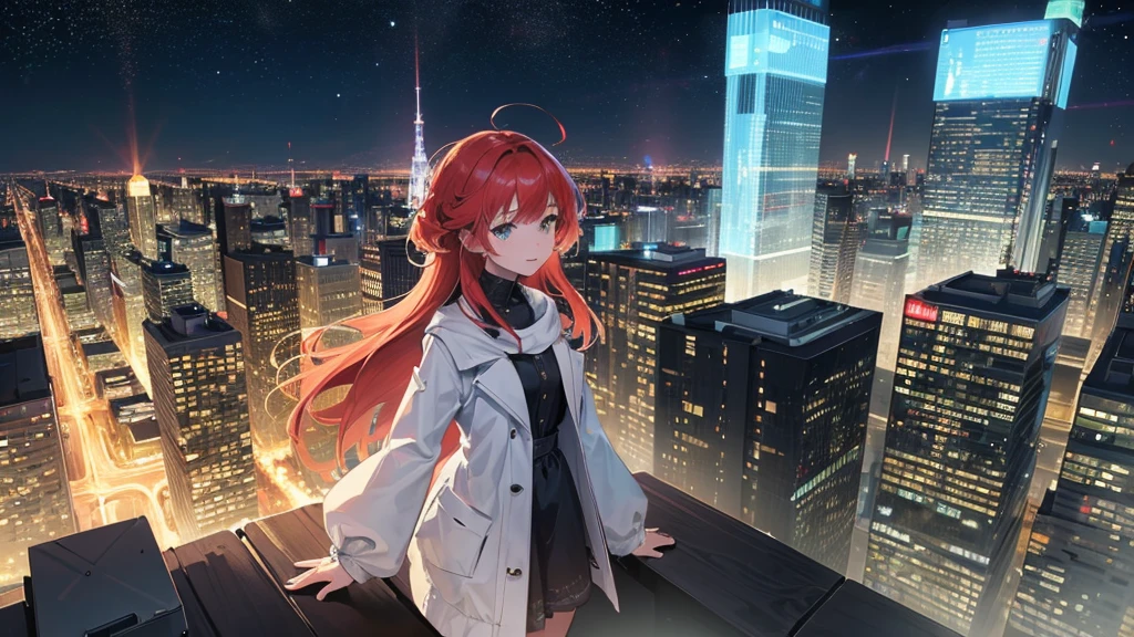 Create a detailed illustration of a vast urban landscape with numerous buildings, focusing on a nighttime city. In the distance, on the rooftop of one of the buildings, there should be a girl with very long red hair playing the piano. The cityscape features a mix of architectural styles, with tall skyscrapers and smaller buildings creating a dynamic skyline. The atmosphere is serene and slightly melancholic, with the city illuminated by soft lights from the buildings' windows and streetlights. The girl on a rooftop in the distance should be clearly visible, playing a grand piano under the glow of the city lights. A few birds can be seen flying in the sky. There are small parks and green spaces interspersed among the buildings, providing a touch of nature within the urban environment. The sky is filled with stars, adding to the tranquil atmosphere of the scene. The image should convey a moment of peace in the midst of a chaotic and difficult day, ray tracing, work of art, best qualityer, ultra quality, absurd details, best Lumiere, best shade, Spitz, Spitz image, detailded, extremely detailded, great resolution, 8K, 4K, ultra HD, particle effects, beautiful effects, bright coloured, neon Lumiere, neon, Lumiere.