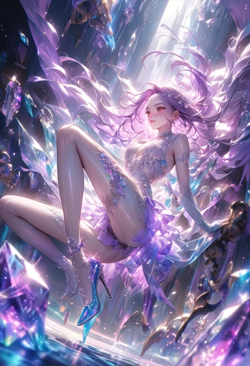 crystal covered, （Full body ：1.3）, alternate color, masterpiece, detailed illustration, realistic, pixiv top quality, exquisite, {{{kawaii 1girl}}}, ultra beauties who fuse with machines, glitter beautiful female, Half of my body is made of machines,  cinematic lighting, dynamic angle, dynamic pose, crystal world, depth of field，Shiny socks，Crystal stockings，Crystal high heels
