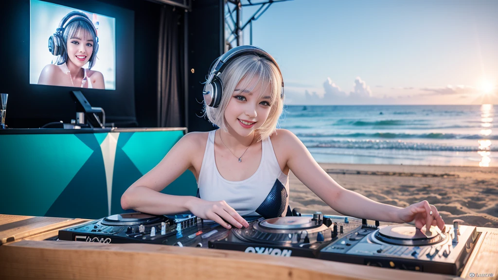 (ultra - detailed, 16K resolution, Cinema lenses, rendering by octane), (high resolution:1.18), intricate detail, (masterpiece:1.1), (highest quality:1.1), (1girl, portrait, white hair, blue eyes, short hair, detailed eyes),Wearing silver DJ headphones, Shiny silver sequined T-shirt, (in the beach:1.5), (Iconic hip-hop pop costumes:1.3), Smile while DJing on stage, DJ studio next to the beach, ((A stylish DJ stage on a hill overlooking the beach)), full body shot, Photorealistic photography by Sunshine, (cute round face:1.3), perfect fingers, five fingers, beautiful hands, perfect hands. master peace, cute smile.