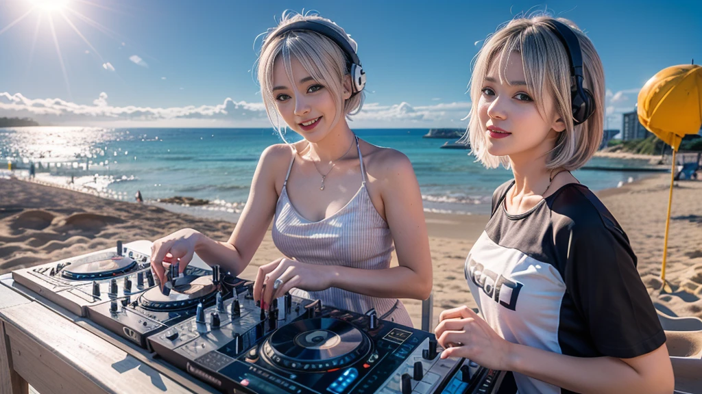 (ultra - detailed, 16K resolution, Cinema lenses, rendering by octane), (high resolution:1.18), intricate detail, (masterpiece:1.1), (highest quality:1.1), (1girl, portrait, white hair, blue eyes, short hair, detailed eyes),Wearing silver DJ headphones, Shiny silver sequined T-shirt, (in the beach:1.5), (Iconic hip-hop pop costumes:1.3), Smile while DJing on stage, DJ studio next to the beach, ((A stylish DJ stage on a hill overlooking the beach)), full body shot, Photorealistic photography by Sunshine, (cute round face:1.3), perfect fingers, five fingers, beautiful hands, perfect hands. master peace, cute smile.