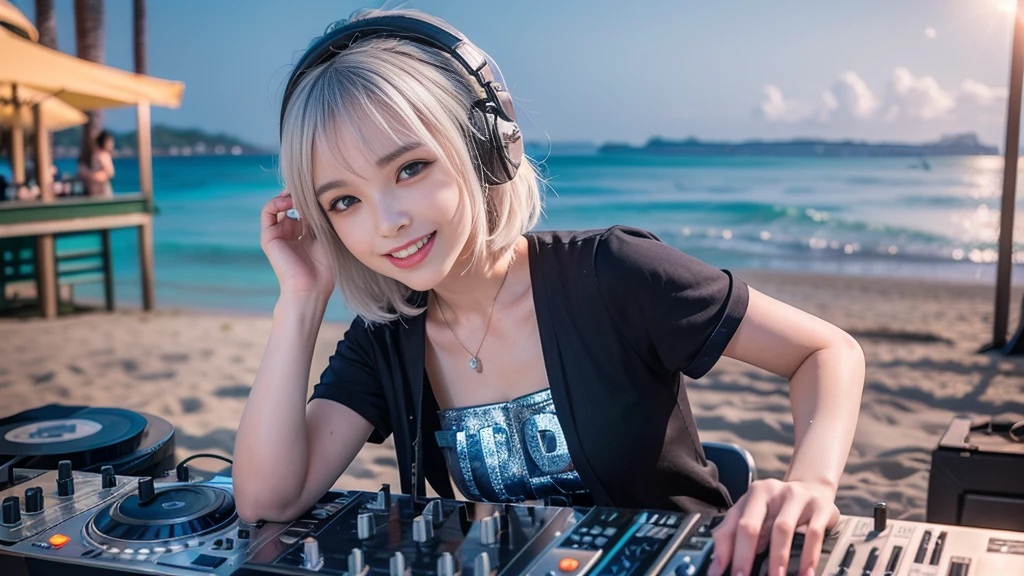 (ultra - detailed, 16K resolution, Cinema lenses, rendering by octane), (high resolution:1.18), intricate detail, (masterpiece:1.1), (highest quality:1.1), (1girl, portrait, white hair, blue eyes, short hair, detailed eyes),Wearing silver DJ headphones, Shiny silver sequined T-shirt, (in the beach:1.5), (Iconic hip-hop pop costumes:1.3), Smile while DJing on stage, DJ studio next to the beach, ((A stylish DJ stage on a hill overlooking the beach)), full body shot, Photorealistic photography by Sunshine, (cute round face:1.3), perfect fingers, five fingers, beautiful hands, perfect hands. master peace, cute smile.