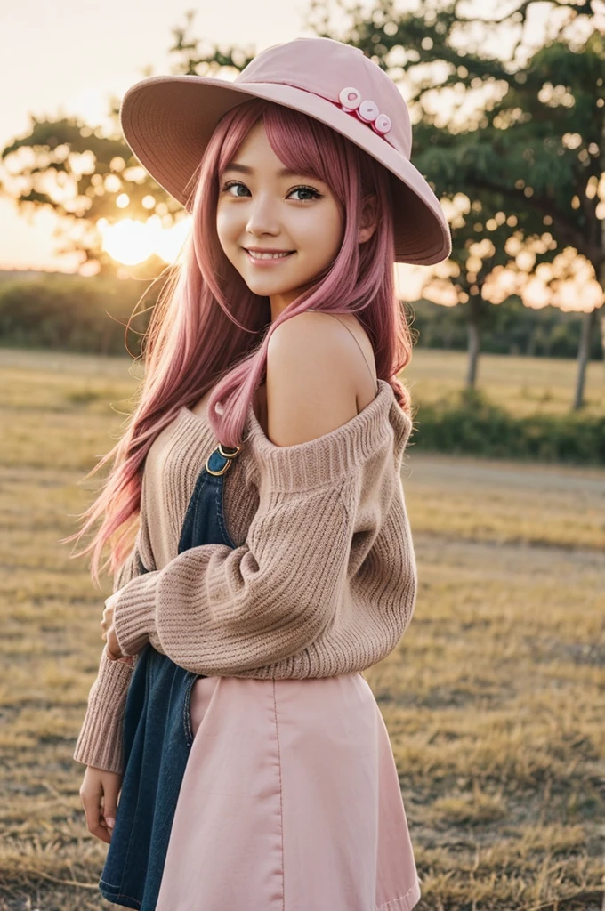 girl holding her hat, windy, flowy hair, pink hair, sunset, sun, girl with brown eyes, overalls, jumper wear, skirt, flowy mid thigh length skirt, girl pretty, anime, oshi no ko art style, shiny eyes, her back turned to the camera, off shoulder long sleeves, show her shoulder, smile, anime style, mushroom, mushroom hat, anime