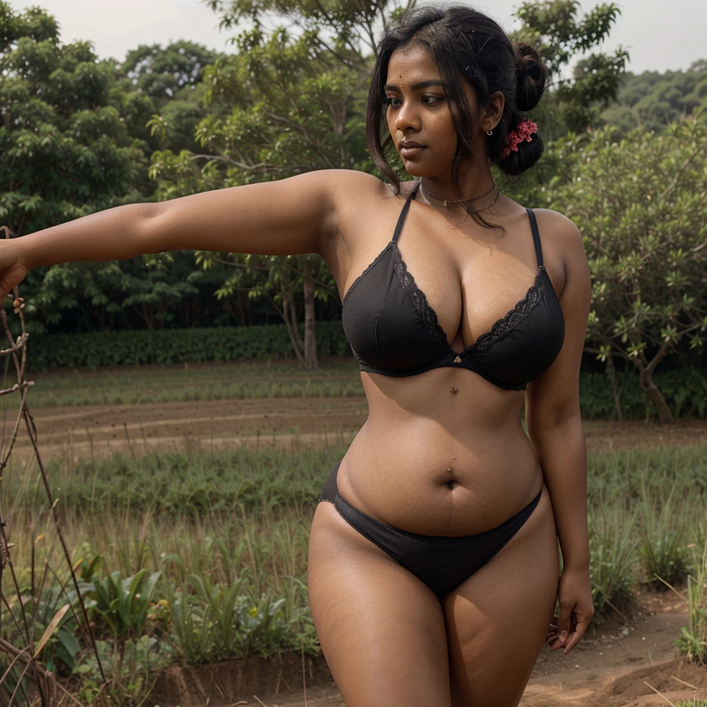 DARK SKIN, South Indian WOMAN, TALL, NAVEL, CLEAVAGE, BUSTY, FAT, VOLUPTUOUS, CHUBBY, PLUMP BELLY, LOVE HANDLES, BLACK BRA, BLACK LEGGINGS, REALISTIC, PHOTOGRAPHY, LOOKING DOWN, LOW BUN HAIR, FIELDS BACKGROUND,