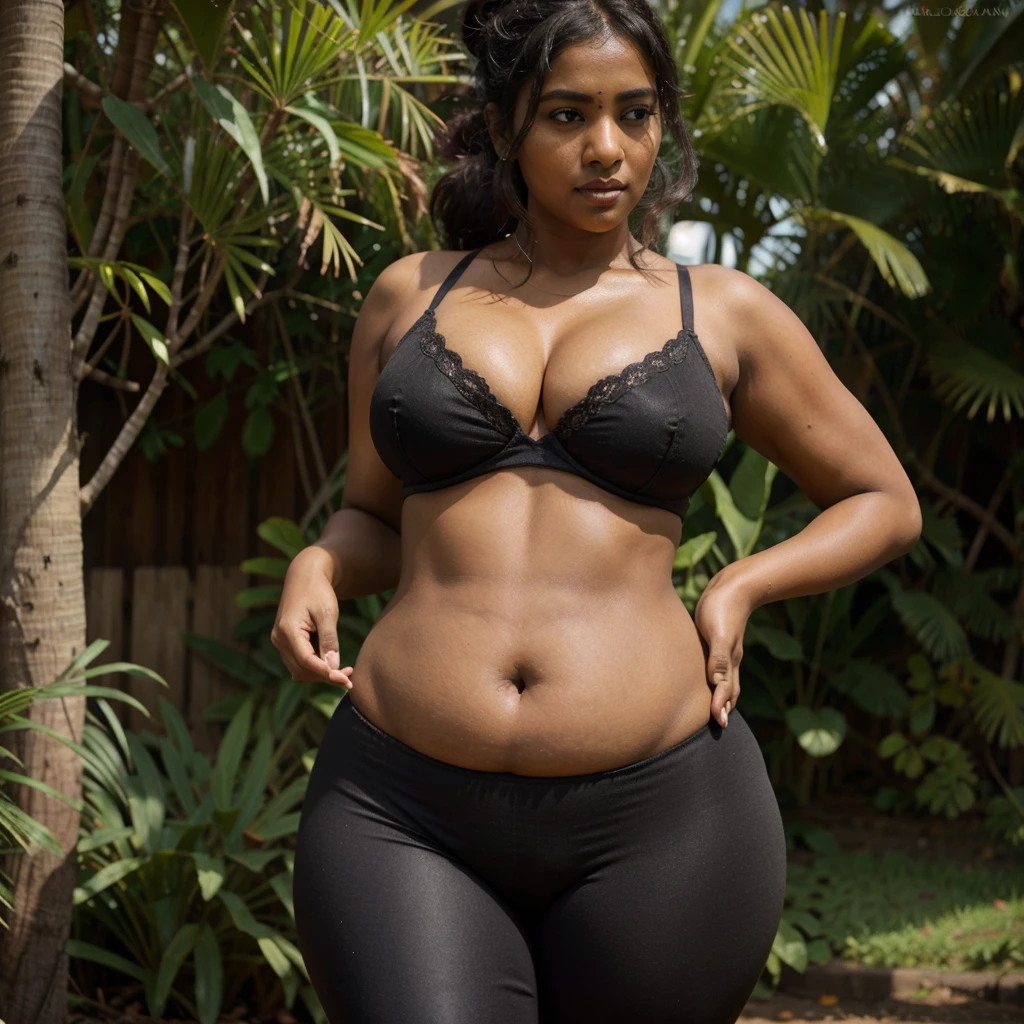 DARK SKIN, South Indian WOMAN, TALL, NAVEL, CLEAVAGE, BUSTY, FAT, VOLUPTUOUS, CHUBBY, PLUMP BELLY, LOVE HANDLES, BLACK BRA, BLACK LEGGINGS, REALISTIC, PHOTOGRAPHY, LOOKING DOWN, LOW BUN HAIR, FIELDS BACKGROUND,