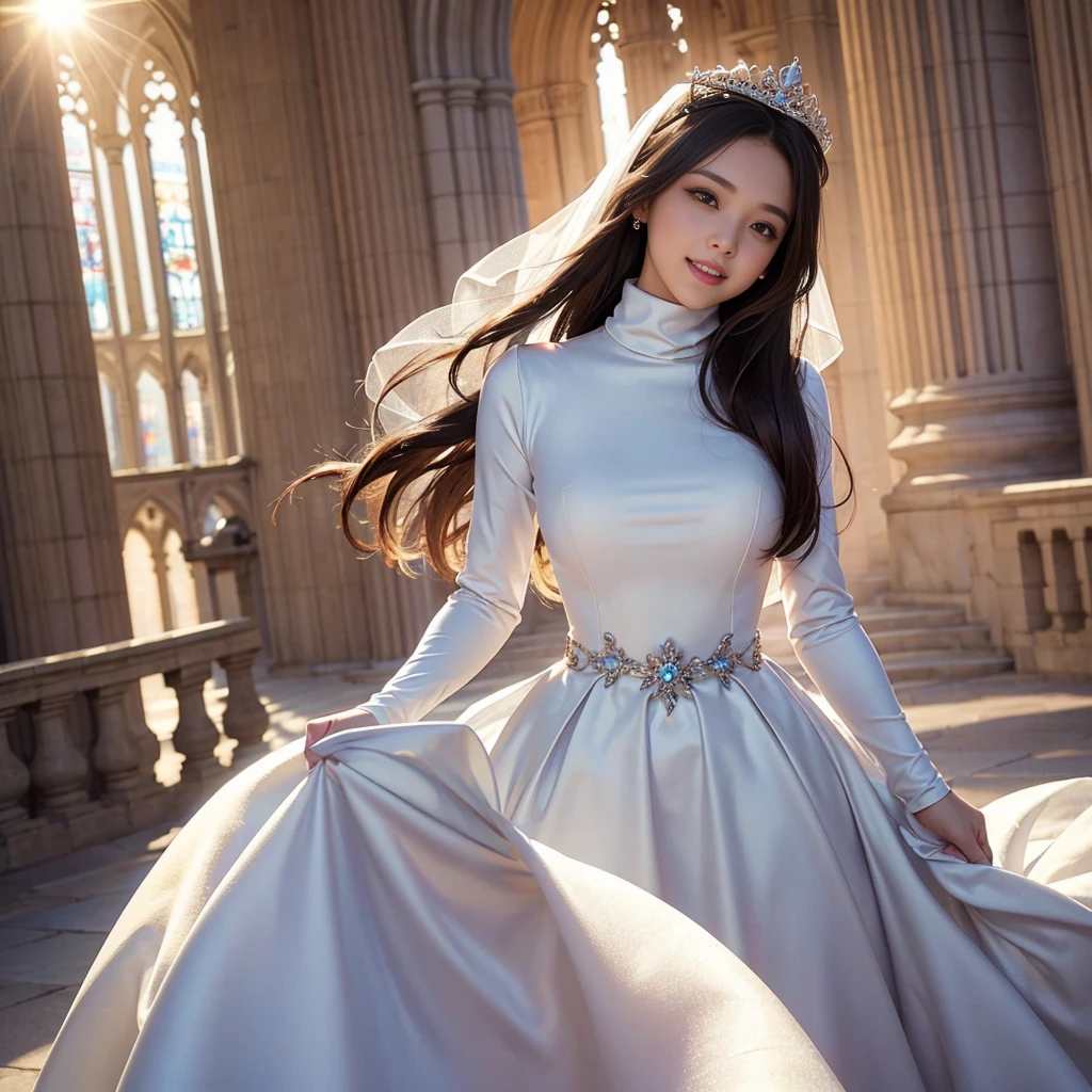 best quality, masterpiece, 1 girl, long hair, huge laugh, cute teen, shiny lips, sweet, sun glare, Conservative attire, turtleneck wedding dress, bridal tiara, depth of field, blurred background, Cathedral Background, light particles, strong wind, head tilt